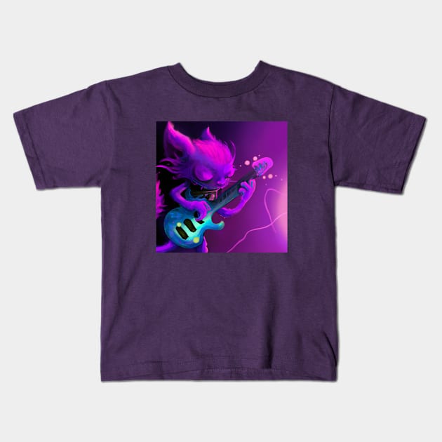 Purple Punk Rock Cat Shreds on the Electric Blue Guitar Kids T-Shirt by Star Scrunch